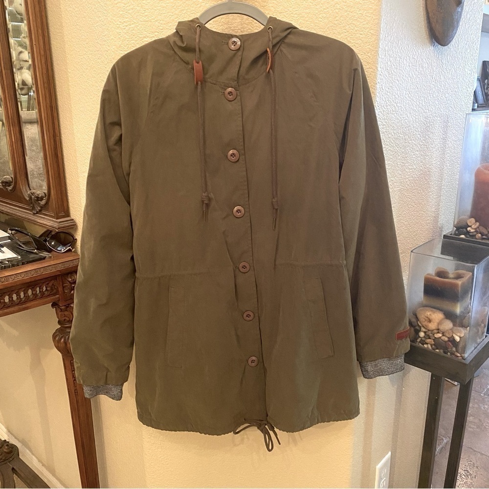 OBEY Women Olive Parka Zip Button Hoodie Lined Jacket Size Medium